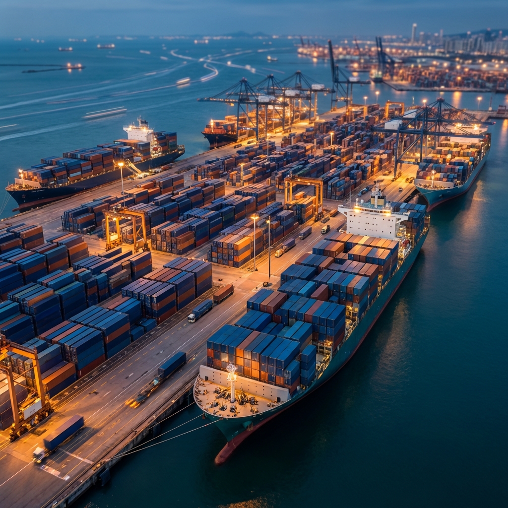 Container ships and port infrastructure connecting Asian producers with the United States